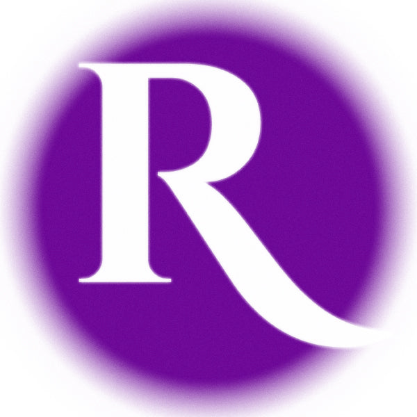 Sophisticated purple background with a majestic white R, forming the logo of Realm of Manifestation online-shop